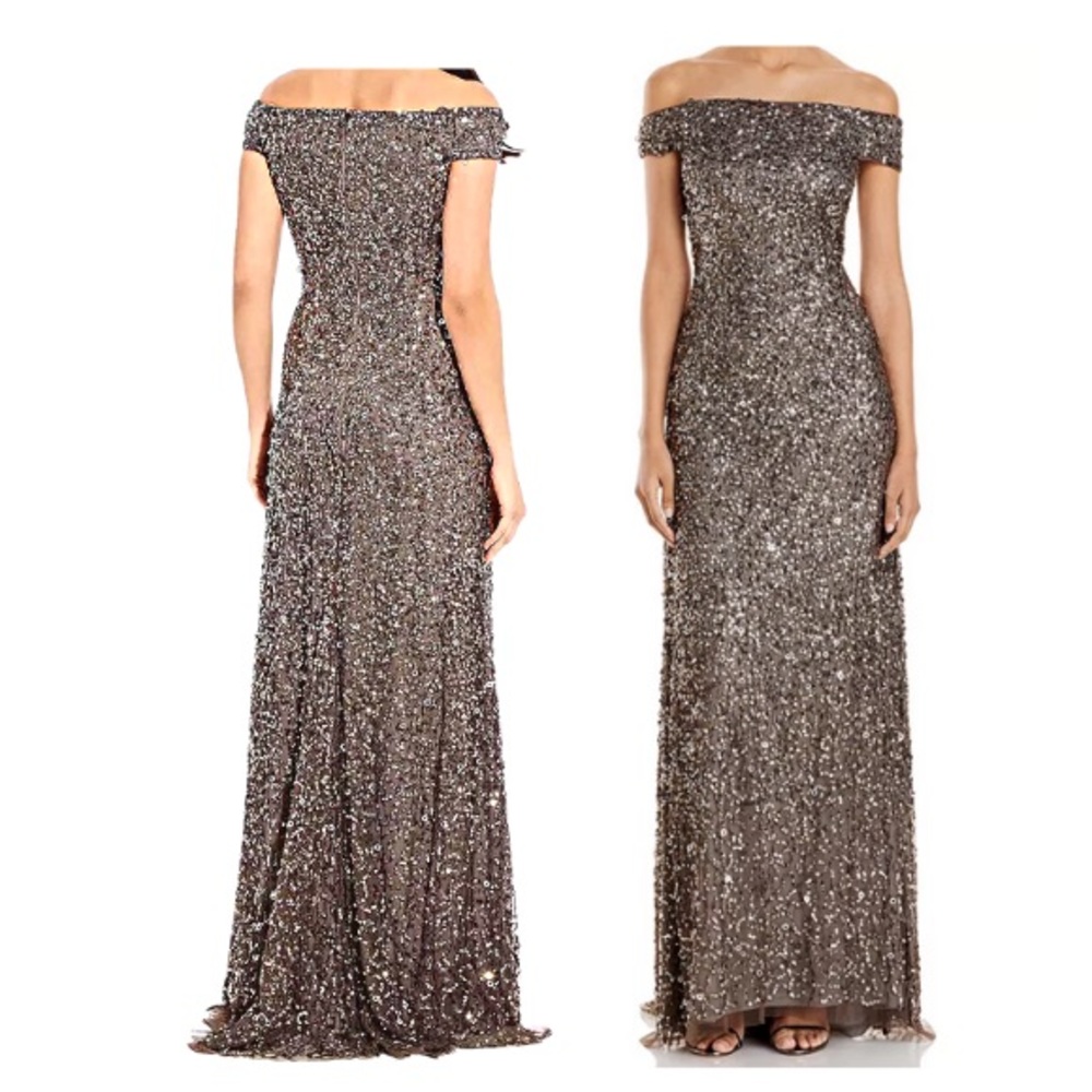 AdriannaPapell off the shoulder sequined gown Lead